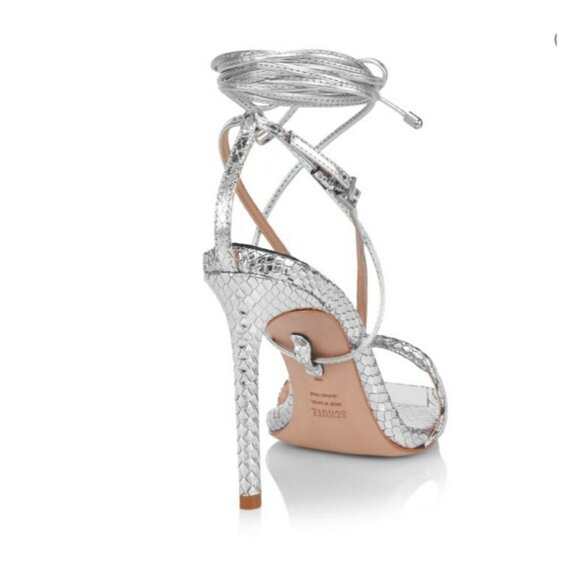 Schutz Vikki Stiletto Strappy Heel Snake Embossed Silver Leather Womens US 11 B - Picture 4 of 5